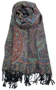 plum feathers pashmina scarf with ethnic tapestry style paisley pattern - 67" x 28" everyday pashmina travel wrap and shawl (black multi tapestry)