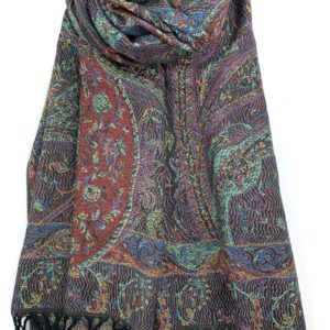 Plum Feathers Pashmina Scarf with Ethnic Tapestry Style Paisley Pattern - 67" x 28" Everyday Pashmina Travel Wrap and Shawl (Black Multi Tapestry)