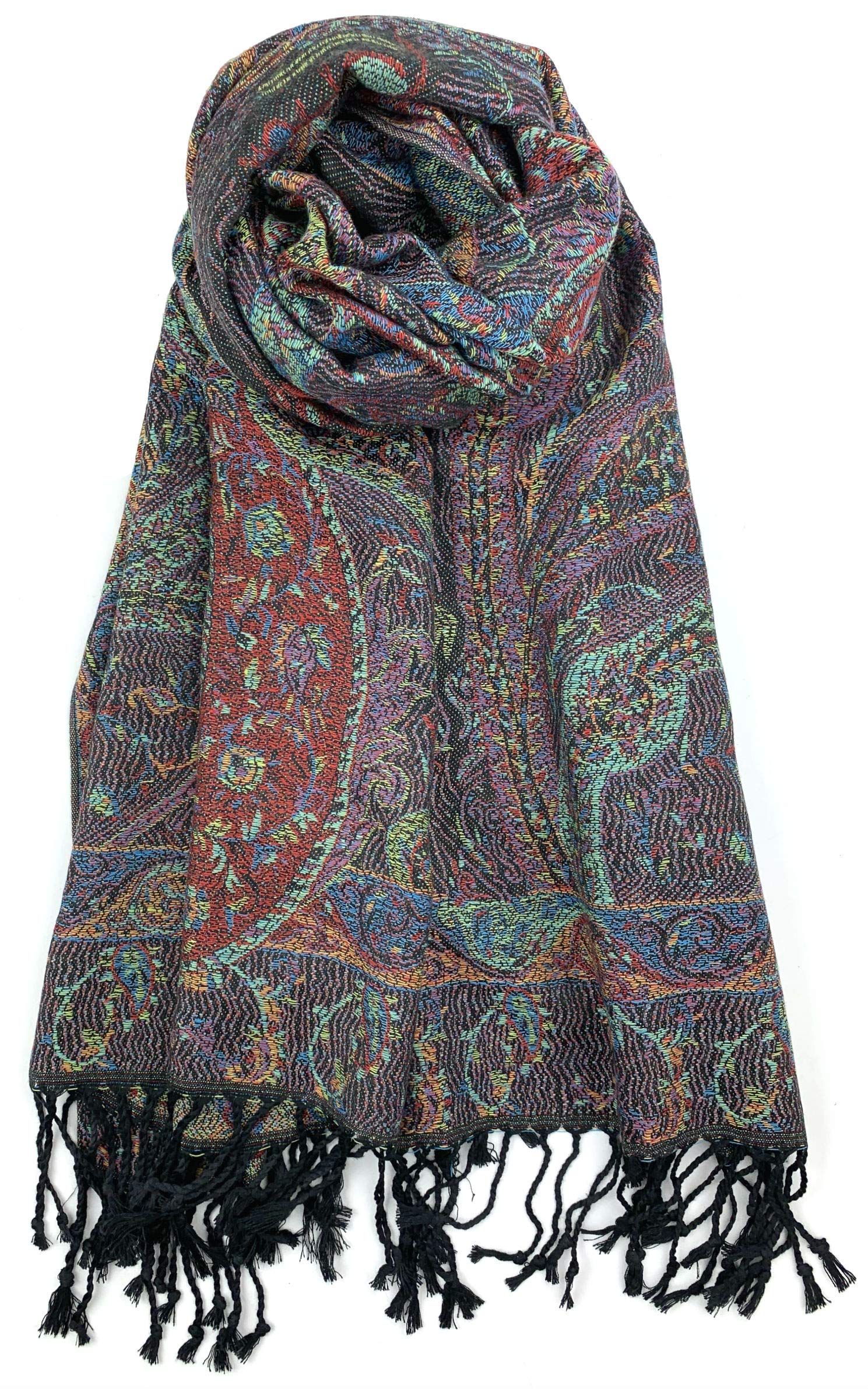 Plum Feathers Pashmina Scarf with Ethnic Tapestry Style Paisley Pattern - 67" x 28" Everyday Pashmina Travel Wrap and Shawl (Black Multi Tapestry)