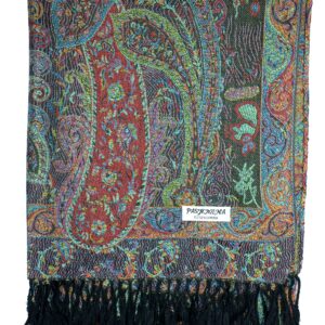 Plum Feathers Pashmina Scarf with Ethnic Tapestry Style Paisley Pattern - 67" x 28" Everyday Pashmina Travel Wrap and Shawl (Black Multi Tapestry)