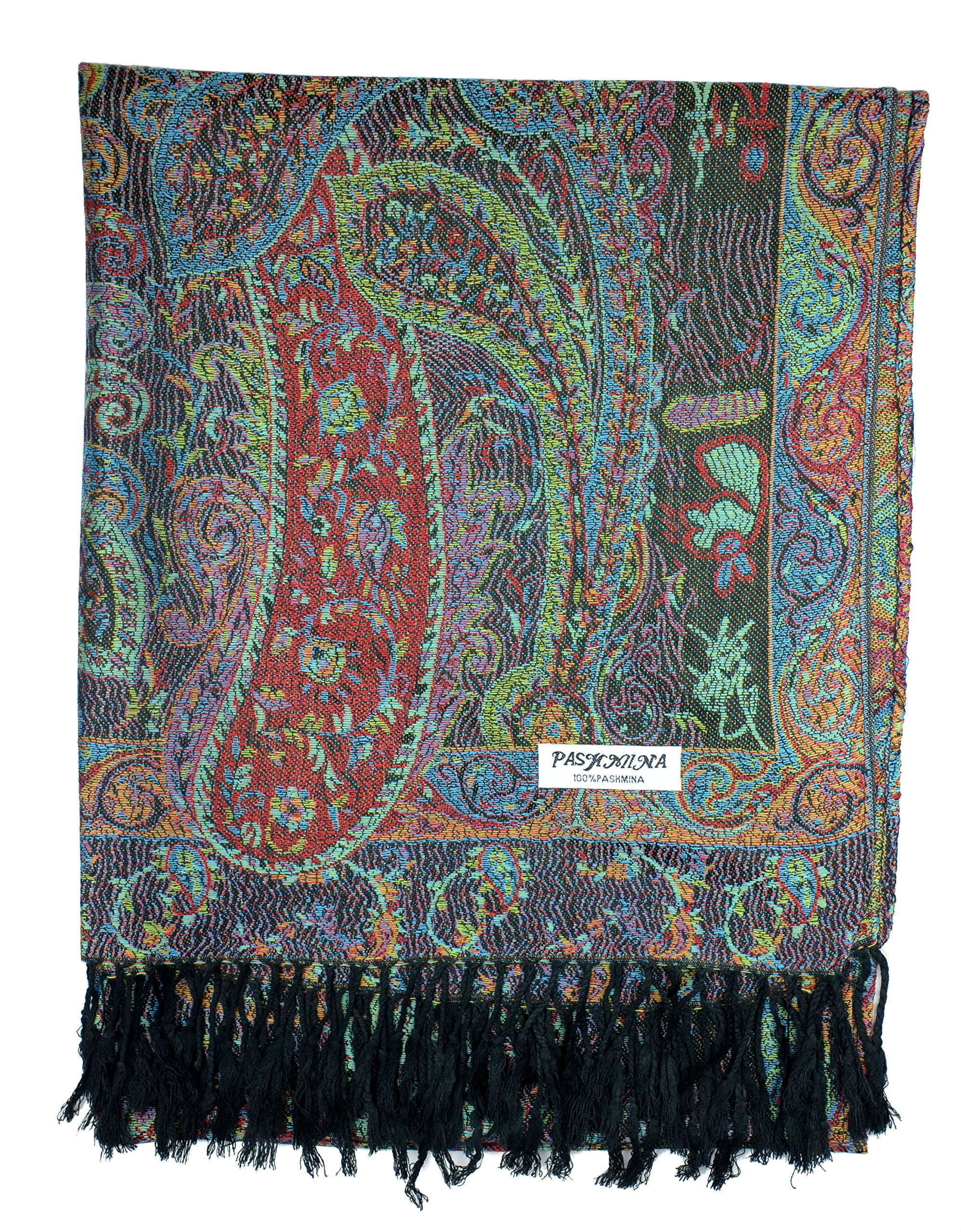 Plum Feathers Pashmina Scarf with Ethnic Tapestry Style Paisley Pattern - 67" x 28" Everyday Pashmina Travel Wrap and Shawl (Black Multi Tapestry)