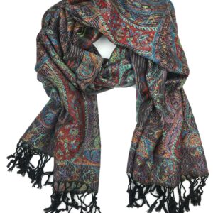 Plum Feathers Pashmina Scarf with Ethnic Tapestry Style Paisley Pattern - 67" x 28" Everyday Pashmina Travel Wrap and Shawl (Black Multi Tapestry)