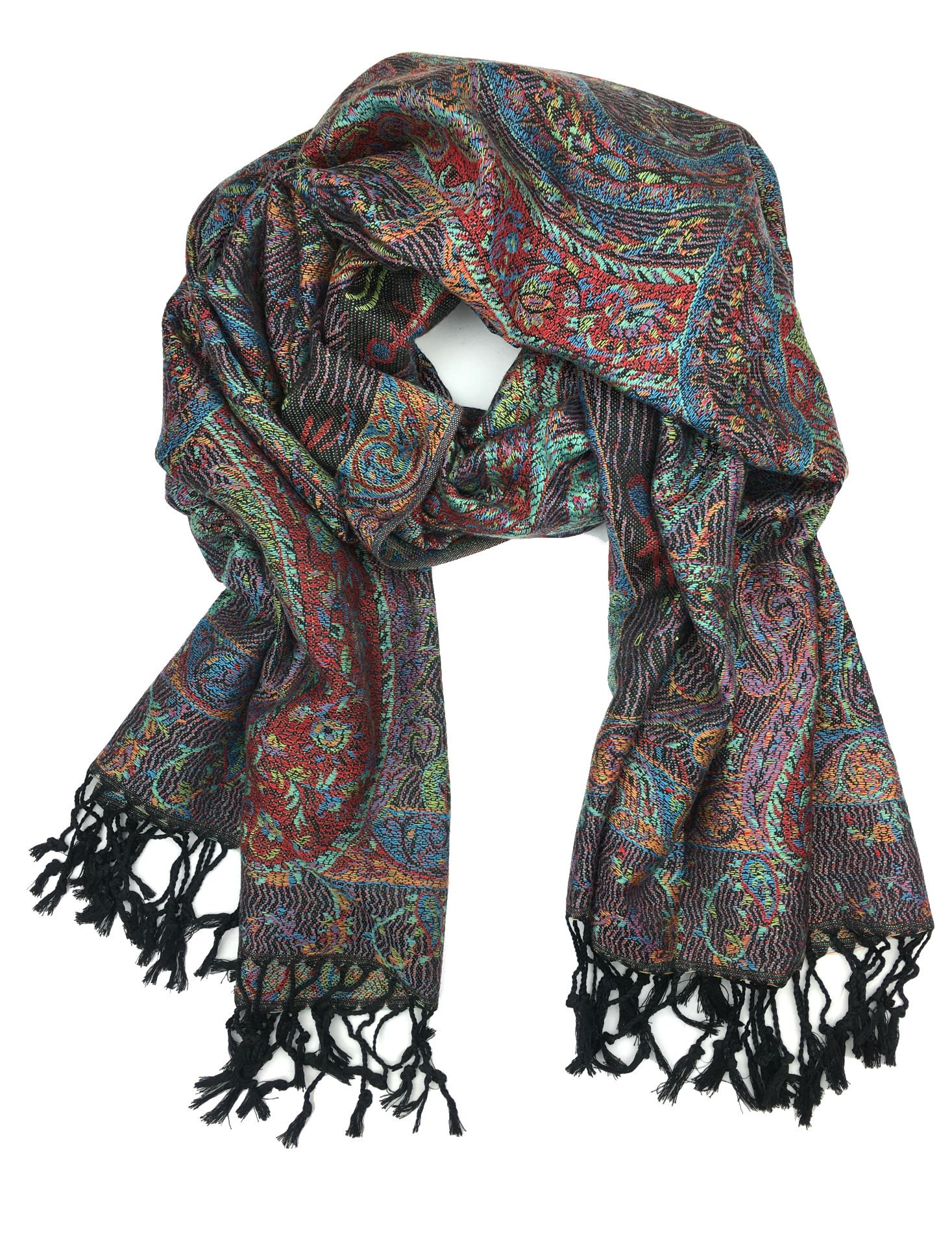 Plum Feathers Pashmina Scarf with Ethnic Tapestry Style Paisley Pattern - 67" x 28" Everyday Pashmina Travel Wrap and Shawl (Black Multi Tapestry)