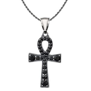 Sterling Silver Egyptian Ankh Cross with Black Onyx Pendant Necklace, 22"