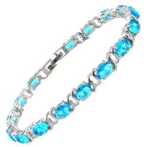 RIZILIA Tennis Bracelet & Oval Cut CZ [Simulated Aquamarine] in White Gold Plated, 7"