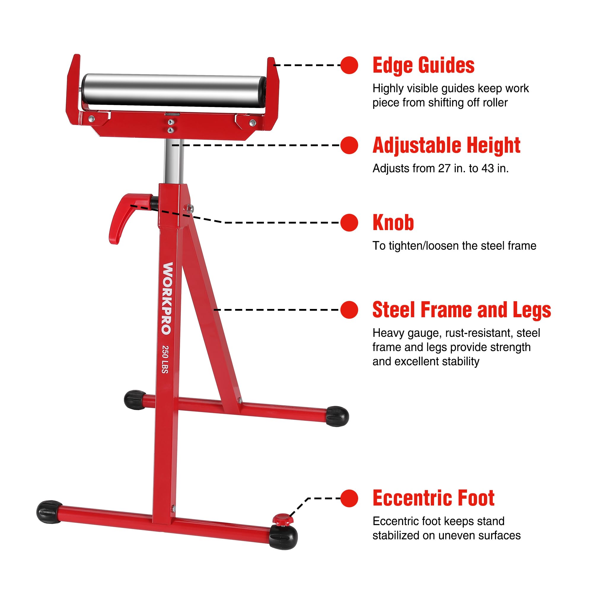 WORKPRO Folding Roller Stand Height Adjustable, Heavy Duty 250 LB Load Capacity, Outfeed Woodworking