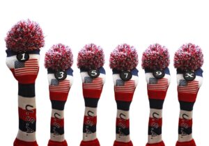 usa majek golf driver 1 3 5 7 9 x fairway woods headcovers pom pom knit limited edition vintage classic traditional flag stars red white blue stripes retro head cover fits 460cc driver and 260cc woods