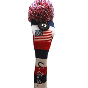 USA Majek Golf Driver 1 3 5 7 9 X Fairway Woods Headcovers Pom Pom Knit Limited Edition Vintage Classic Traditional Flag Stars Red White Blue Stripes Retro Head Cover Fits 460cc Driver and 260cc Woods