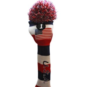 USA Majek Golf Driver 1 3 5 7 9 X Fairway Woods Headcovers Pom Pom Knit Limited Edition Vintage Classic Traditional Flag Stars Red White Blue Stripes Retro Head Cover Fits 460cc Driver and 260cc Woods