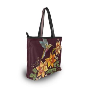 WIHVE Tote Bag Flower Leaf Hummingbirds Embroidery Shoulder Handbag Travel Beach Bags