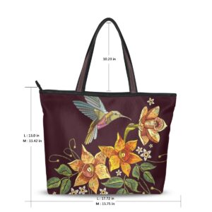 WIHVE Tote Bag Flower Leaf Hummingbirds Embroidery Shoulder Handbag Travel Beach Bags