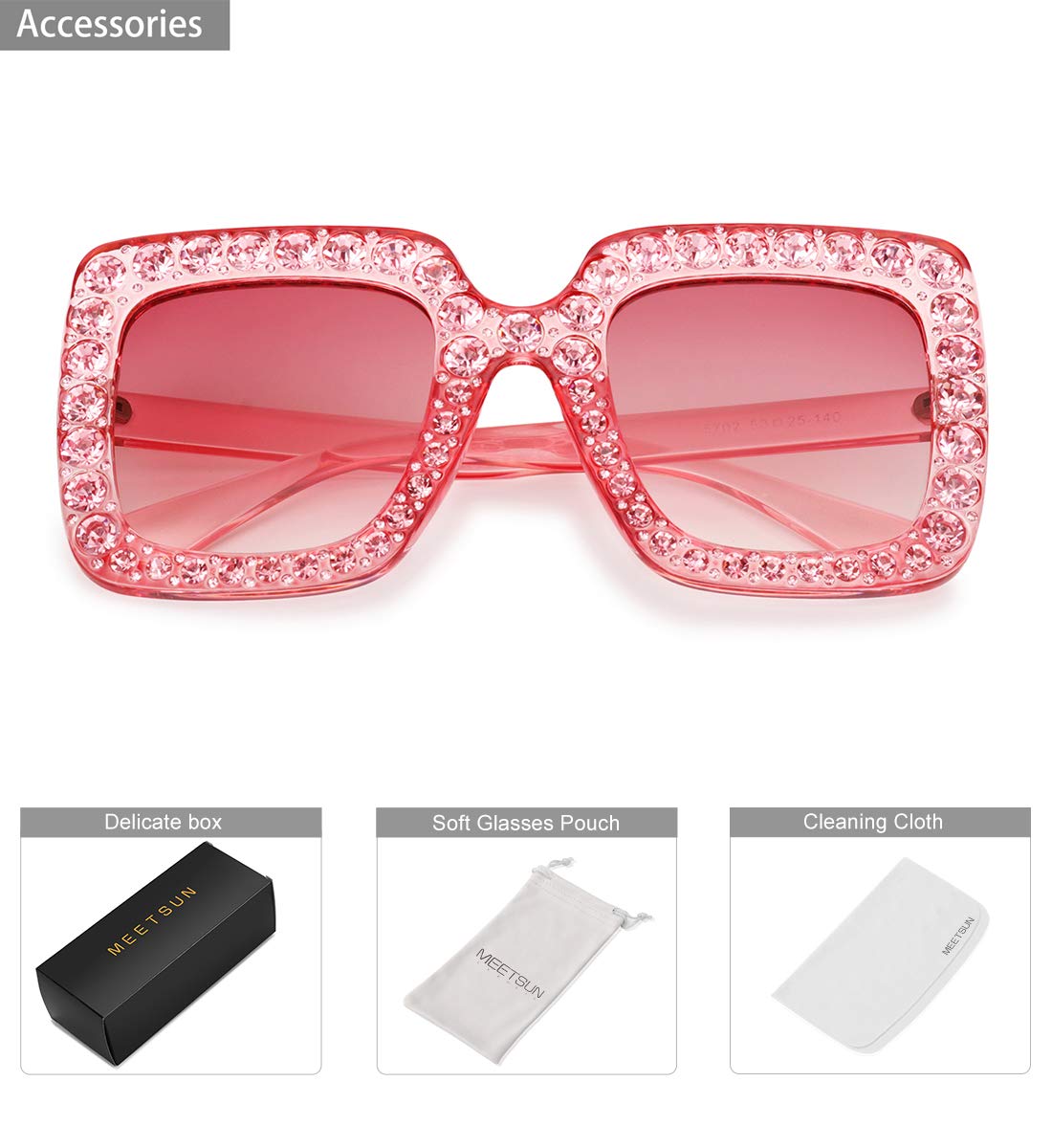 MEETSUN Elton Square Rhinestone Sunglasses Oversized Diamond Bling Bling Glasses -(Pink)