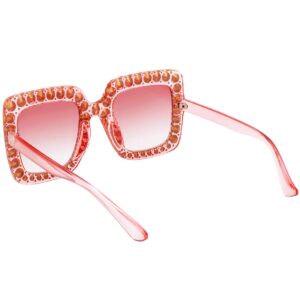 MEETSUN Elton Square Rhinestone Sunglasses Oversized Diamond Bling Bling Glasses -(Pink)