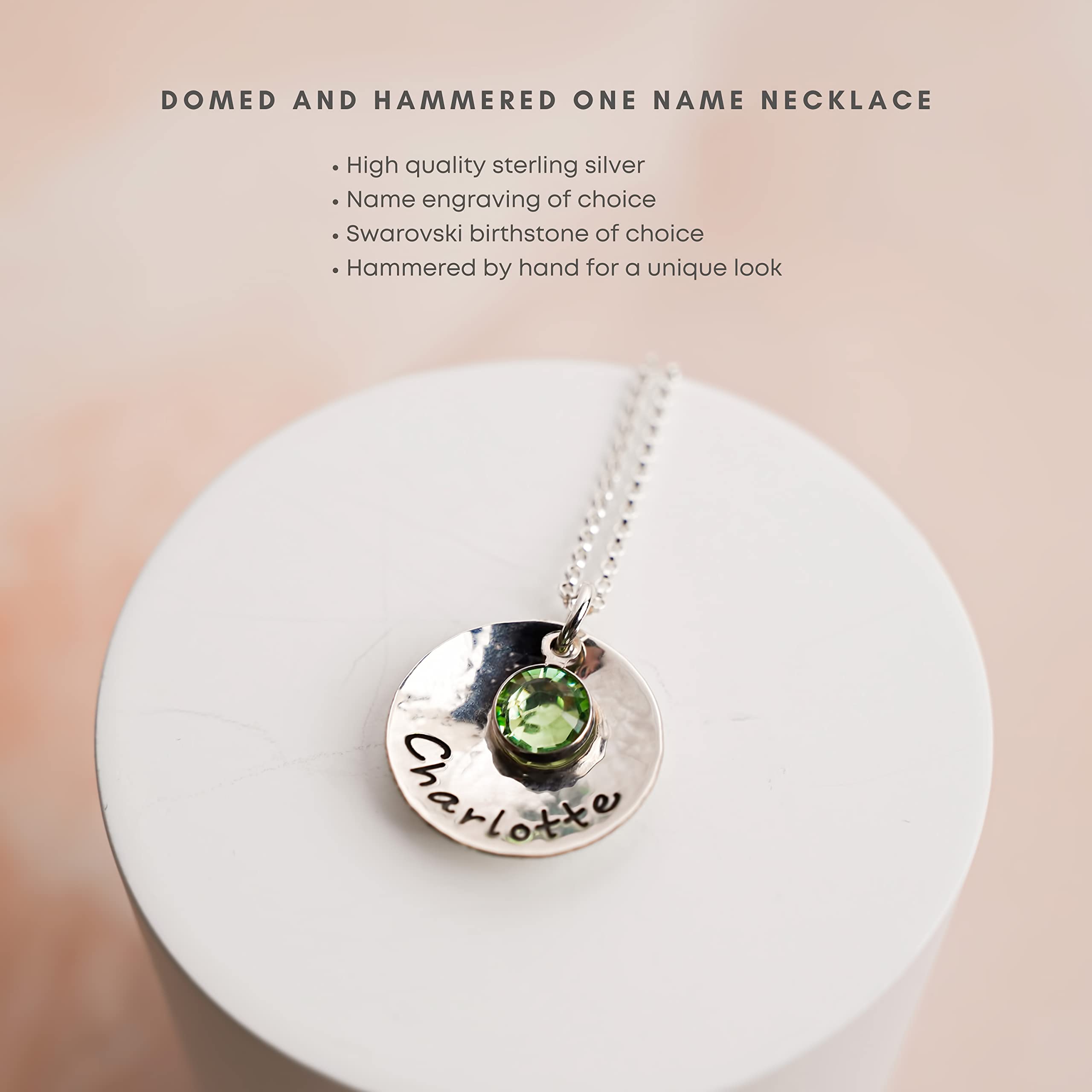 Sterling Silver Personalized Domed and Hammered One Name Necklace. Customize with Your Choice of Characters. Hammered Finish. Includes 925 Chain and Swarovski Birthstone. Gifts for Her, Mother, Wife