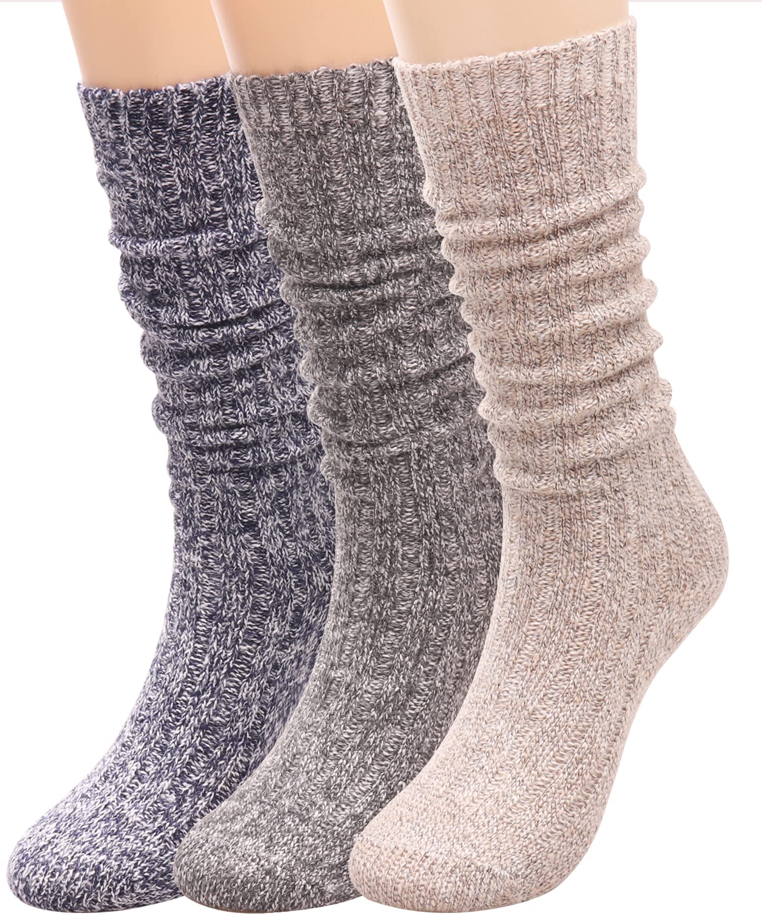 TINTAO 3 Pairs Women Winter Wool Cable Knit Crew Knee High Boot Socks,Size 5-11#W919 (Polyester Blend, Color A01)