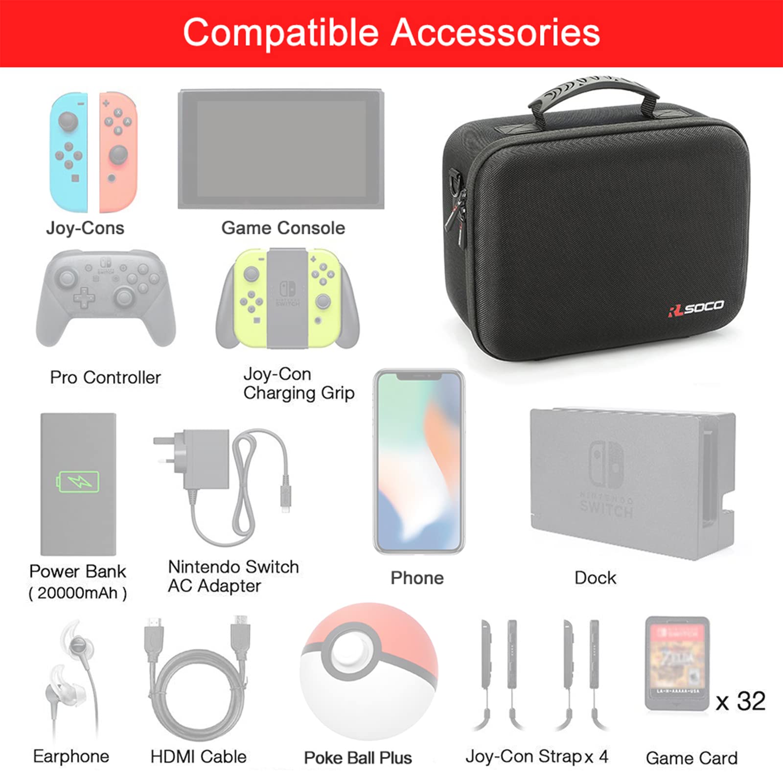 RLSOCO Carrying Case for Nintendo Switch & Switch OLED - Fit Extra Switch Pro Controller & Poke Ball Plus (Newest Case fits Switch & Switch OLED)