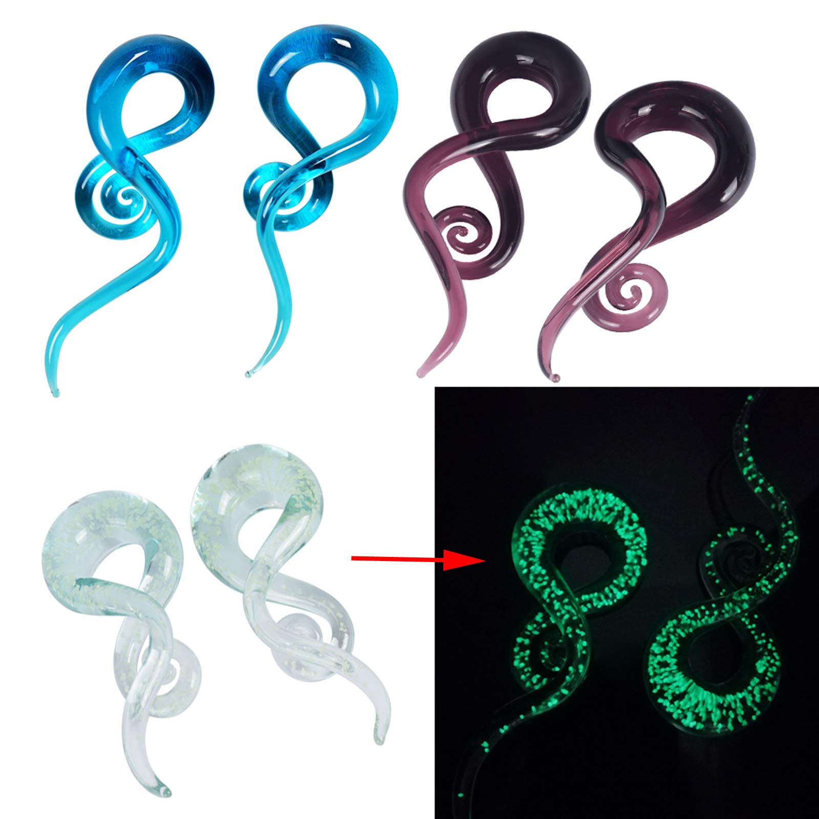 YOFANST Ear Stretching Glass Spiral Tapers Gauges 0g 6pcs Blue, Glow in the Dark, Purple