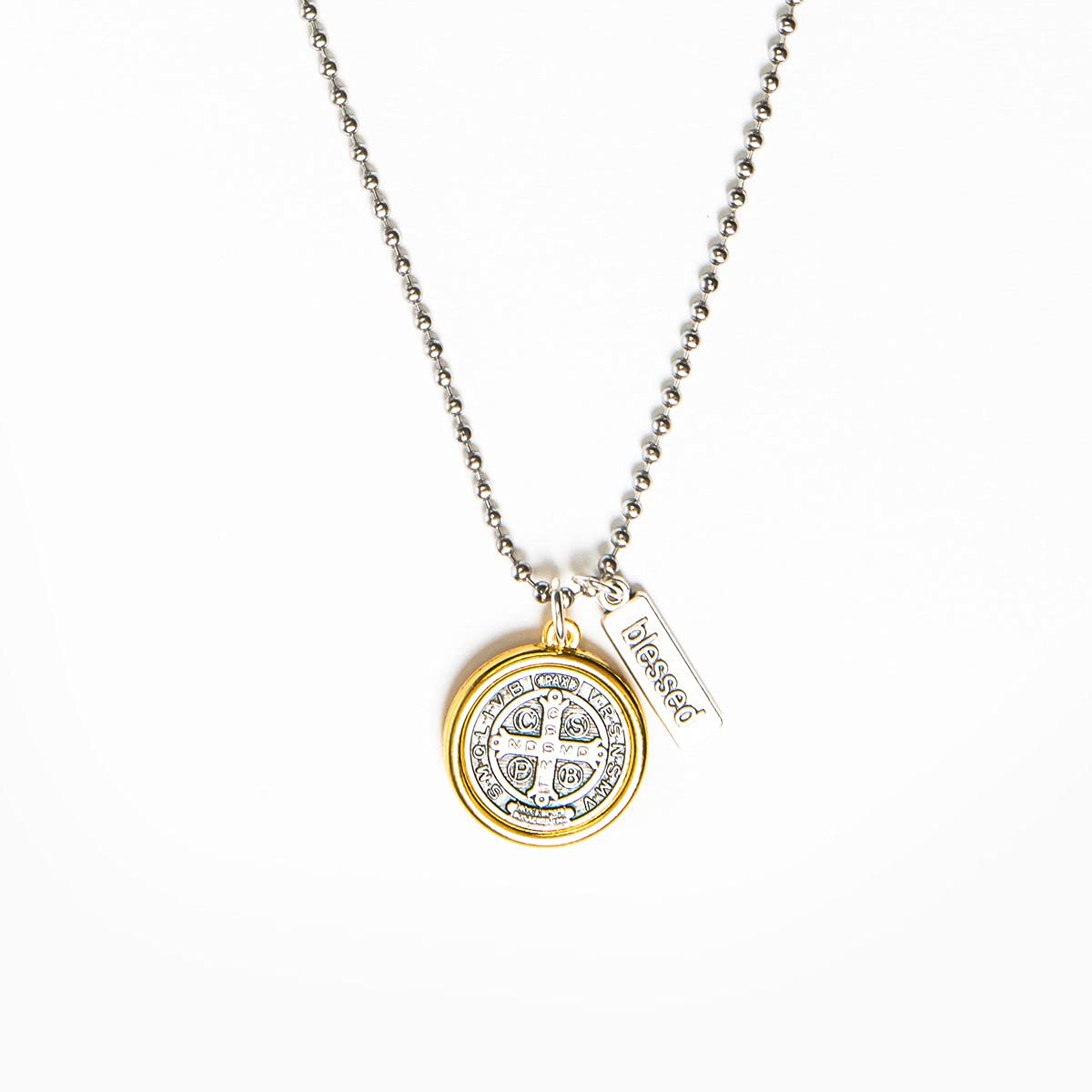 My Saint My Hero Benedictine Blessing Gold Rim Necklace - Divine Protection Benedictine Medal with 'Blessed' Tag, Prayer for Peace & Strength - Unisex, Hand-Cast in Italy