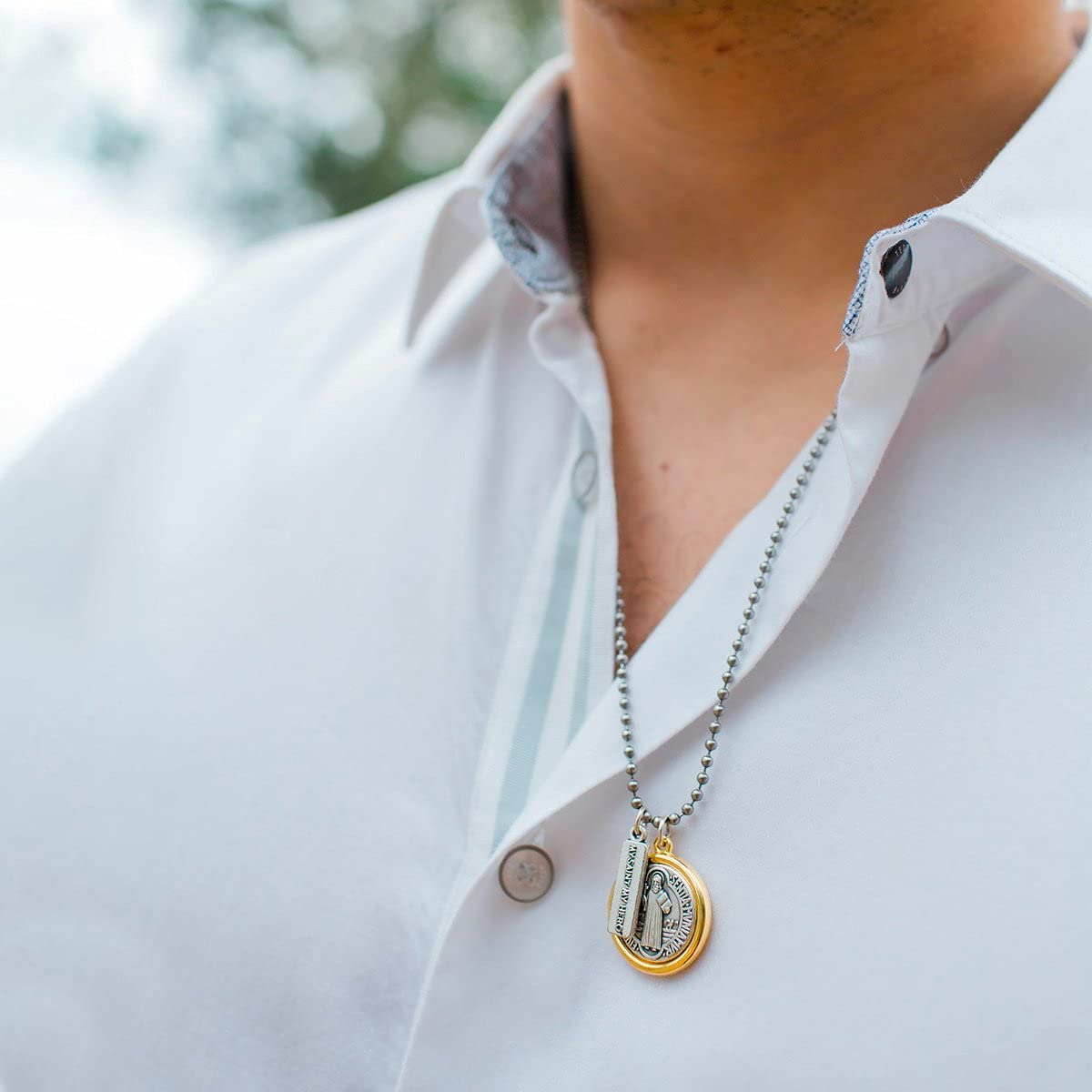 My Saint My Hero Benedictine Blessing Gold Rim Necklace - Divine Protection Benedictine Medal with 'Blessed' Tag, Prayer for Peace & Strength - Unisex, Hand-Cast in Italy