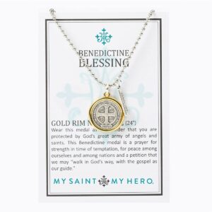 My Saint My Hero Benedictine Blessing Gold Rim Necklace - Divine Protection Benedictine Medal with 'Blessed' Tag, Prayer for Peace & Strength - Unisex, Hand-Cast in Italy