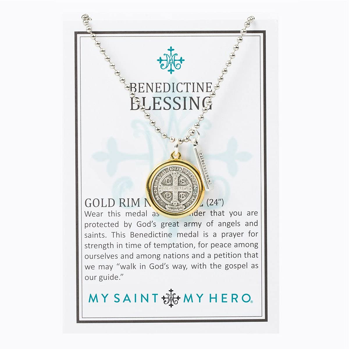 My Saint My Hero Benedictine Blessing Gold Rim Necklace - Divine Protection Benedictine Medal with 'Blessed' Tag, Prayer for Peace & Strength - Unisex, Hand-Cast in Italy