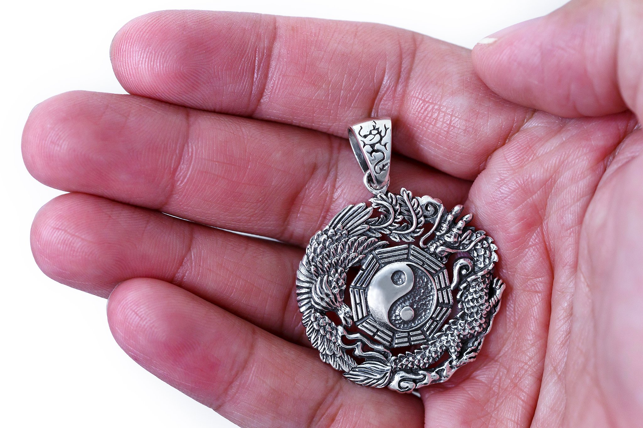 925 Sterling Silver Yin Yang Chinese Dragon Big Bird Mystic Jewelry Pendant