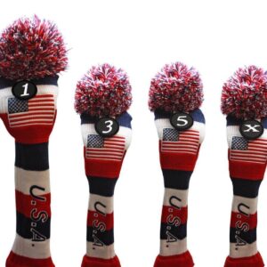 USA Majek Golf Driver 1 3 5 X Fairway Woods Headcovers Pom Pom Knit Limited Edition Vintage Classic Traditional Flag Stars Red White Blue Stripes Retro Head Cover Fits 460cc Drivers and 260cc Woods