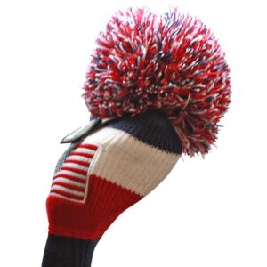 USA Majek Golf Driver 1 3 5 X Fairway Woods Headcovers Pom Pom Knit Limited Edition Vintage Classic Traditional Flag Stars Red White Blue Stripes Retro Head Cover Fits 460cc Drivers and 260cc Woods