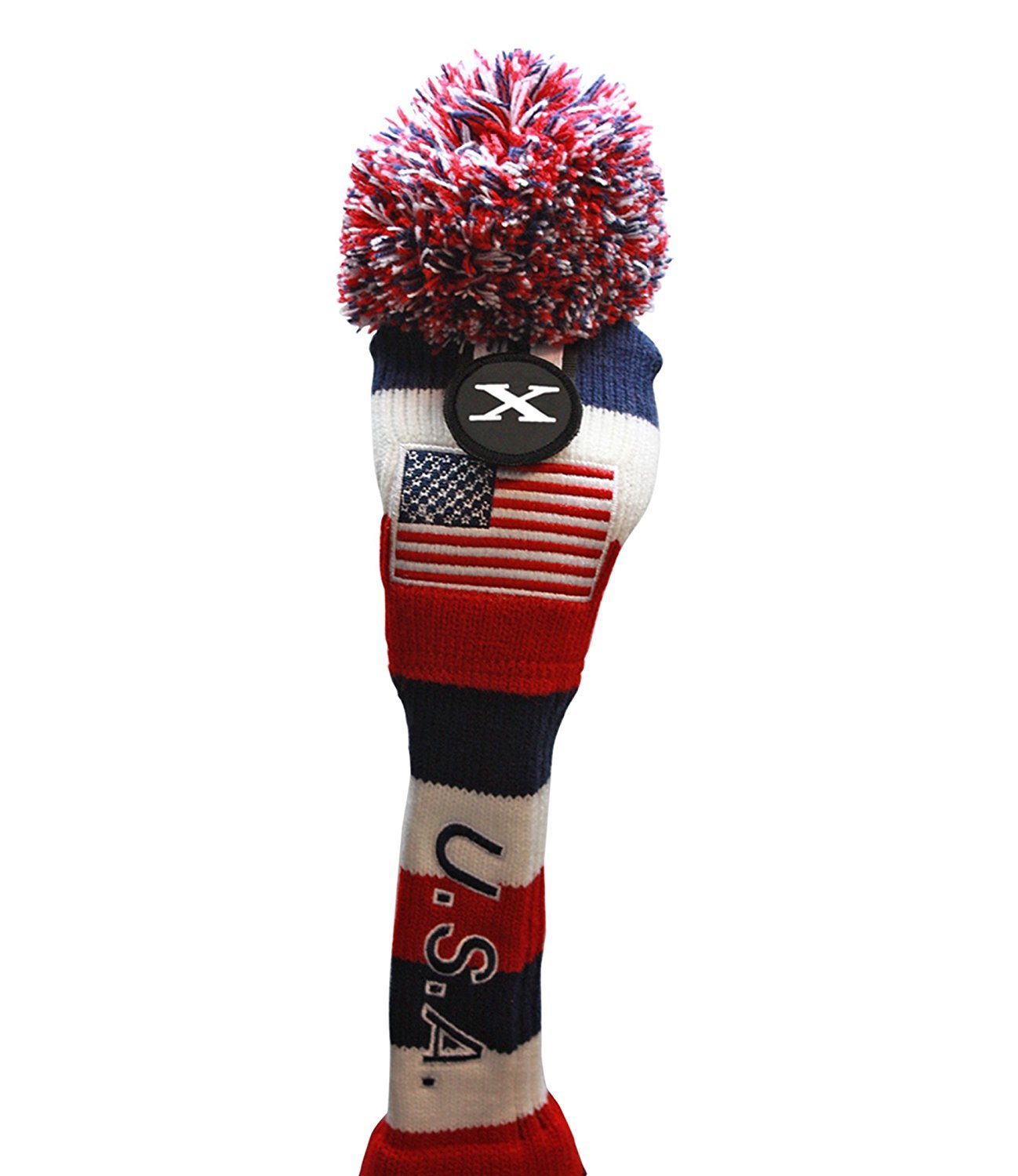 USA Majek Golf Driver 1 3 5 X Fairway Woods Headcovers Pom Pom Knit Limited Edition Vintage Classic Traditional Flag Stars Red White Blue Stripes Retro Head Cover Fits 460cc Drivers and 260cc Woods