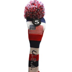 USA Majek Golf Driver 1 3 5 X Fairway Woods Headcovers Pom Pom Knit Limited Edition Vintage Classic Traditional Flag Stars Red White Blue Stripes Retro Head Cover Fits 460cc Drivers and 260cc Woods