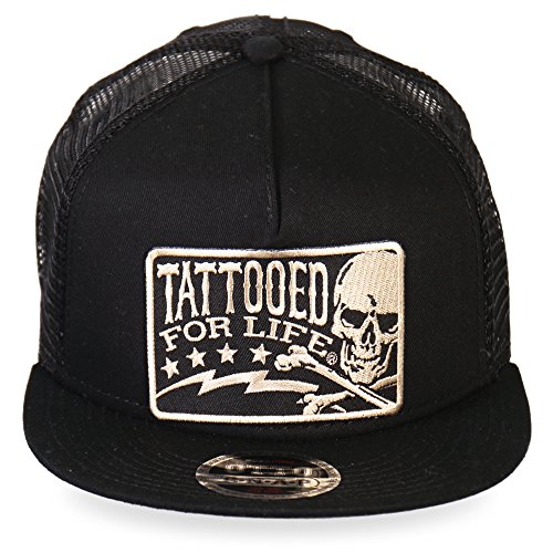 Hot Leathers Mens Motorcycle Tattooed For Life Skull And Bolts Snap Back Hat, Black