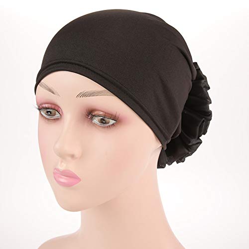 Muslim Women Flower Elastic Turban Beanie Head Scarf wrap Chemo Cap hat for Cancer Patient (Black)