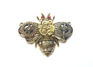 antique gold / copper / silver steampunk gear bee w/ red eyes focal pendant