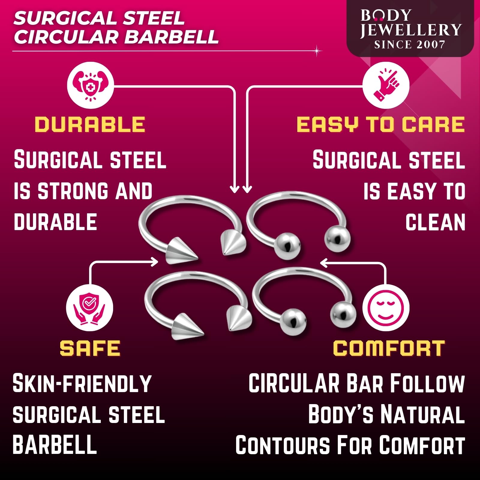 bodyjewellery 4pcs 18g Horseshoe Ring Circular Cartilage Spider Bite Surgical Steel Nose Lip Cartilage Hoop Septum Tragus Stud Ear Eyebrow BBEP 10mm