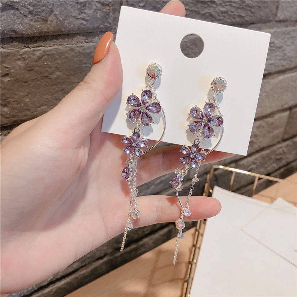 fxmimior Silver Long Flower Earrings Purple Rhinestones Big Dainty Floral Drop Earrings Statement Charm Earring Body Jewelry for Women and Girls