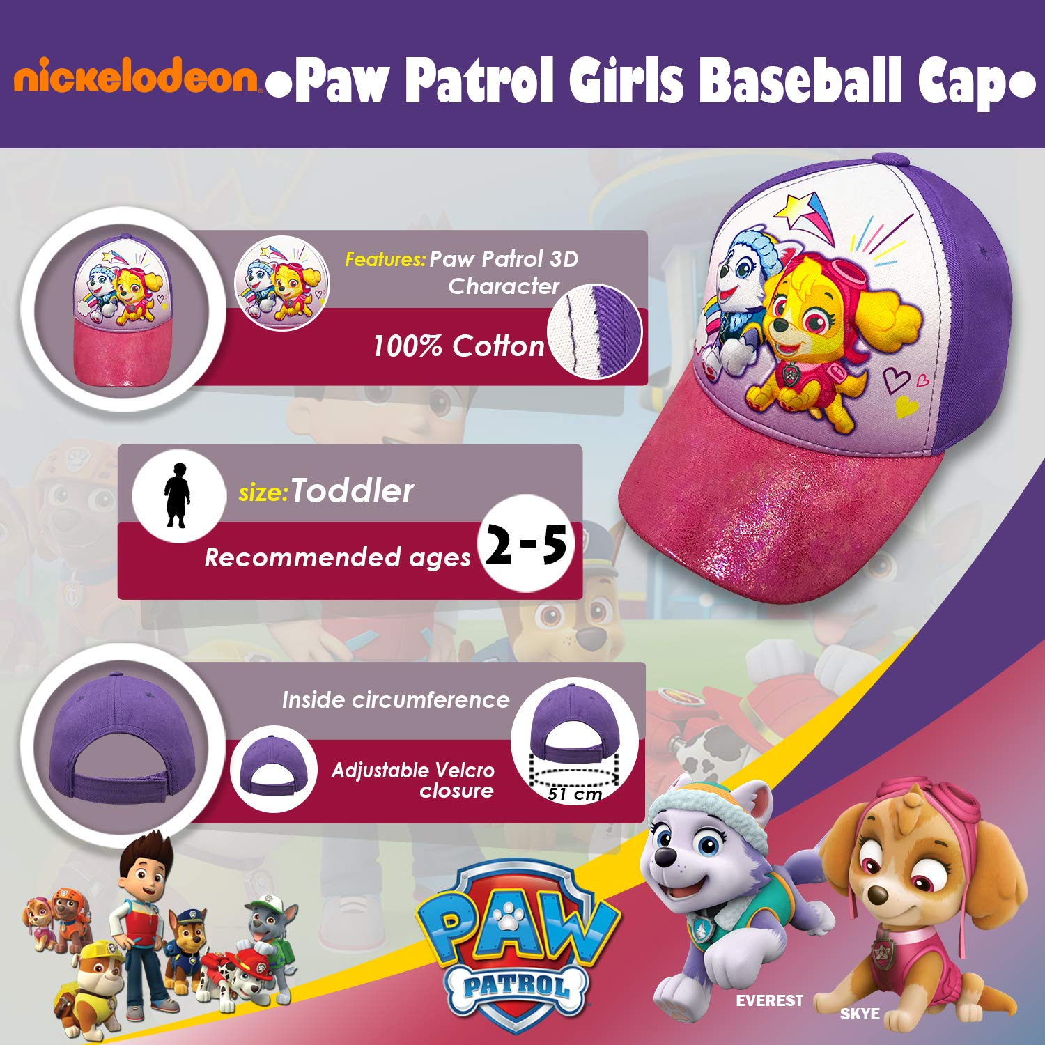 Nickelodeon Toddler Girls' Paw Patrol 3D Cotton Baseball Cap Hat Age 2-5 Purple/Pink