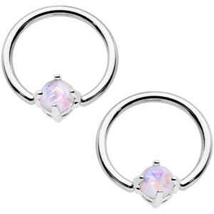 Body Candy Steel Iridescent White Accent Captive Ring Barbell Nipple Ring Set 14 Gauge 1/2"