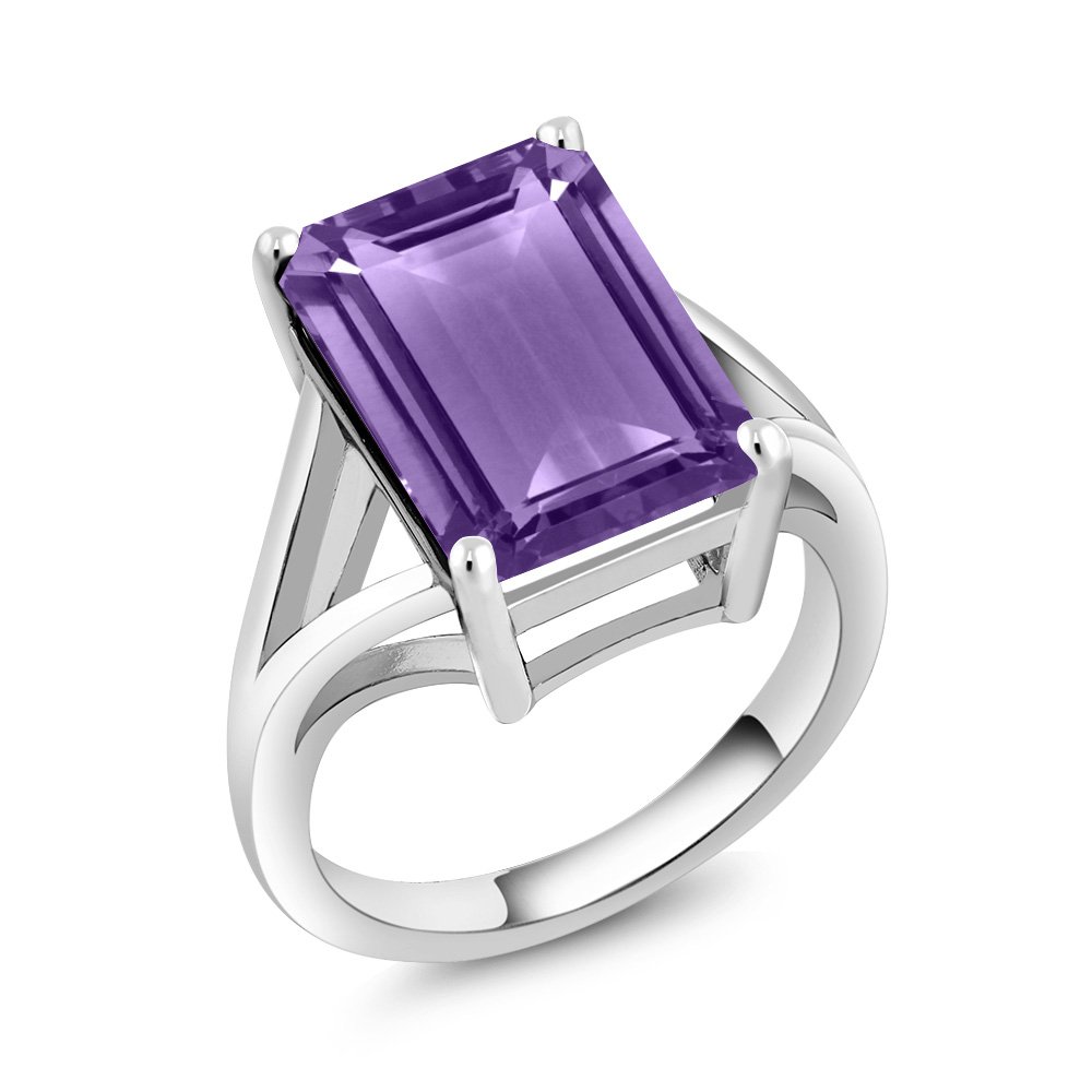 Gem Stone King 925 Sterling Silver Purple Amethyst Solitaire Ring For Women (7.00 Cttw, Emerald Cut 14X10MM, Gemstone Birthstone, Available In Size 5, 6, 7, 8, 9)