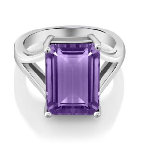 Gem Stone King 925 Sterling Silver Purple Amethyst Solitaire Ring For Women (7.00 Cttw, Emerald Cut 14X10MM, Gemstone Birthstone, Available In Size 5, 6, 7, 8, 9)