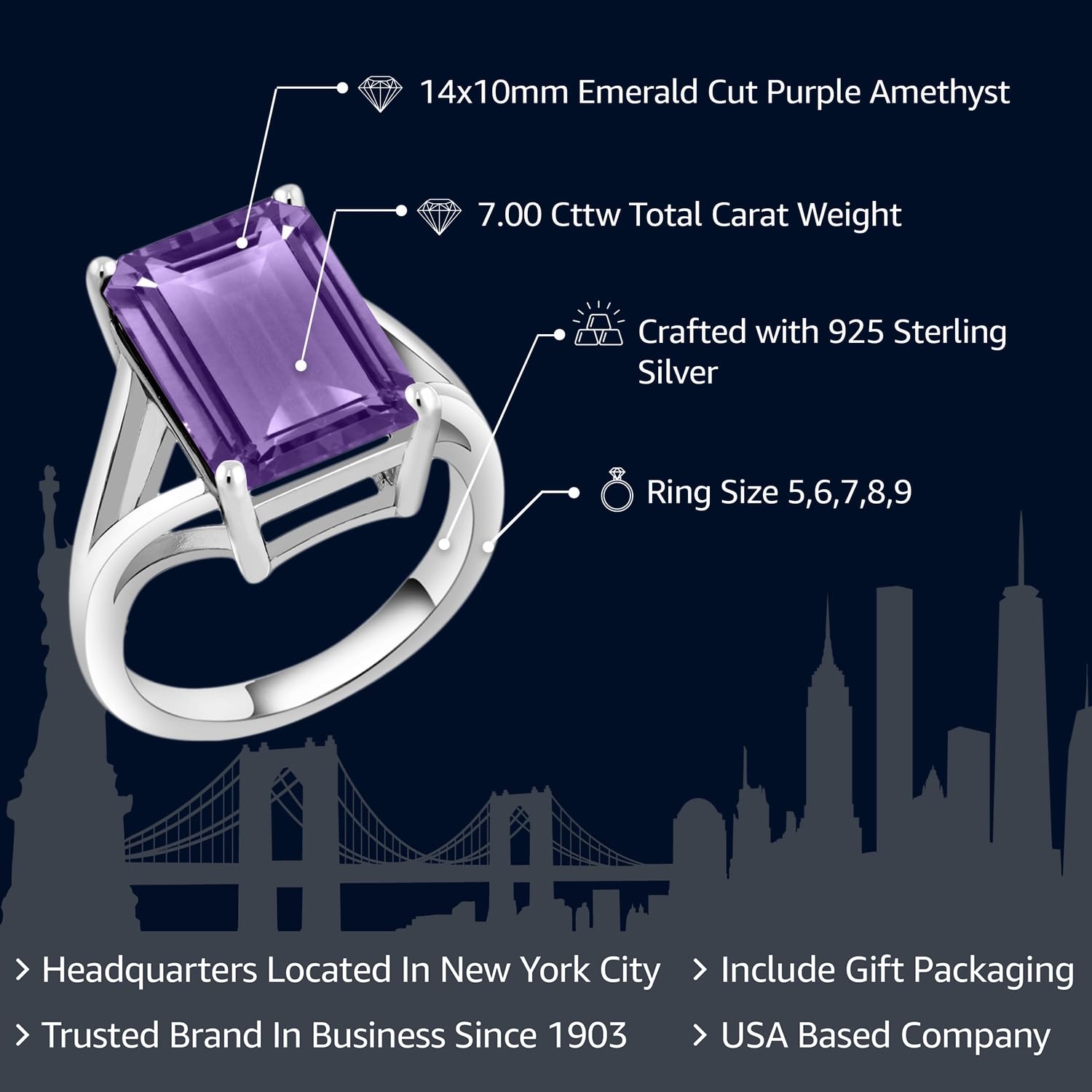 Gem Stone King 925 Sterling Silver Purple Amethyst Solitaire Ring For Women (7.00 Cttw, Emerald Cut 14X10MM, Gemstone Birthstone, Available In Size 5, 6, 7, 8, 9)