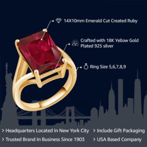 Gem Stone King 18K Yellow Gold Plated Silver Emerald Cut Created Ruby Solitaire Ring For Women (8.00 Cttw Available In Size 5, 6, 7, 8, 9)