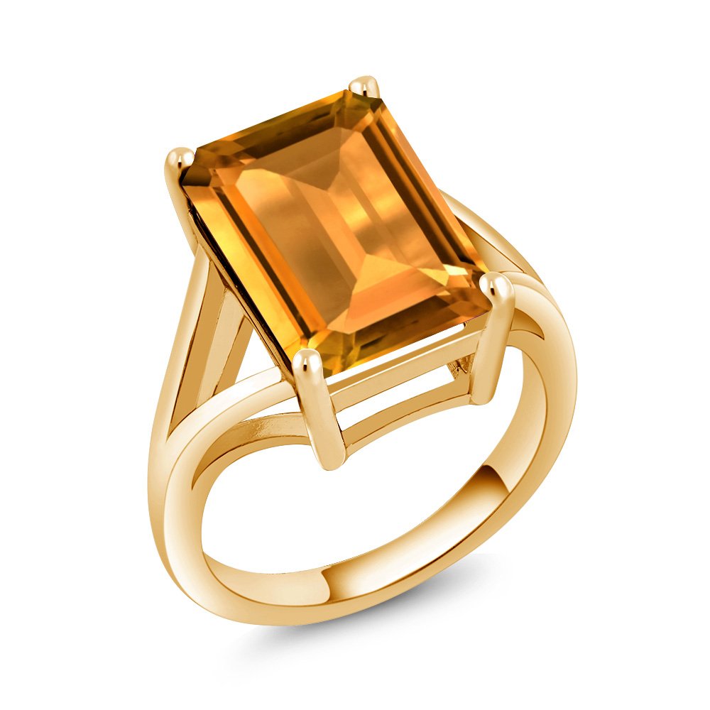 Gem Stone King 18K Yellow Gold Plated Silver Yellow Citrine Solitaire Ring For Women (8.20 Cttw, Emerald Cut 14X10MM, Gemstone Birthstone, Available in size 5, 6, 7, 8, 9)