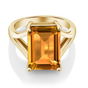 Gem Stone King 18K Yellow Gold Plated Silver Yellow Citrine Solitaire Ring For Women (8.20 Cttw, Emerald Cut 14X10MM, Gemstone Birthstone, Available in size 5, 6, 7, 8, 9)