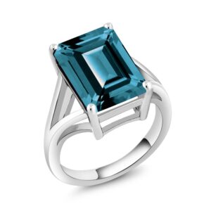 Gem Stone King 925 Sterling Silver London Blue Topaz Solitaire Ring For Women (9.50 Cttw, Emerald Cut 14X10MM, Gemstone Birthstone, Available In Size 5, 6, 7, 8, 9)