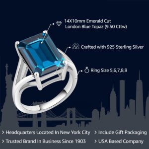 Gem Stone King 925 Sterling Silver London Blue Topaz Solitaire Ring For Women (9.50 Cttw, Emerald Cut 14X10MM, Gemstone Birthstone, Available In Size 5, 6, 7, 8, 9)