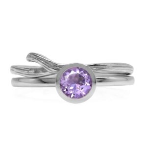 silvershake set of 2 natural amethyst white gold plated 925 sterling silver bezel set and textured band ring size 7.5