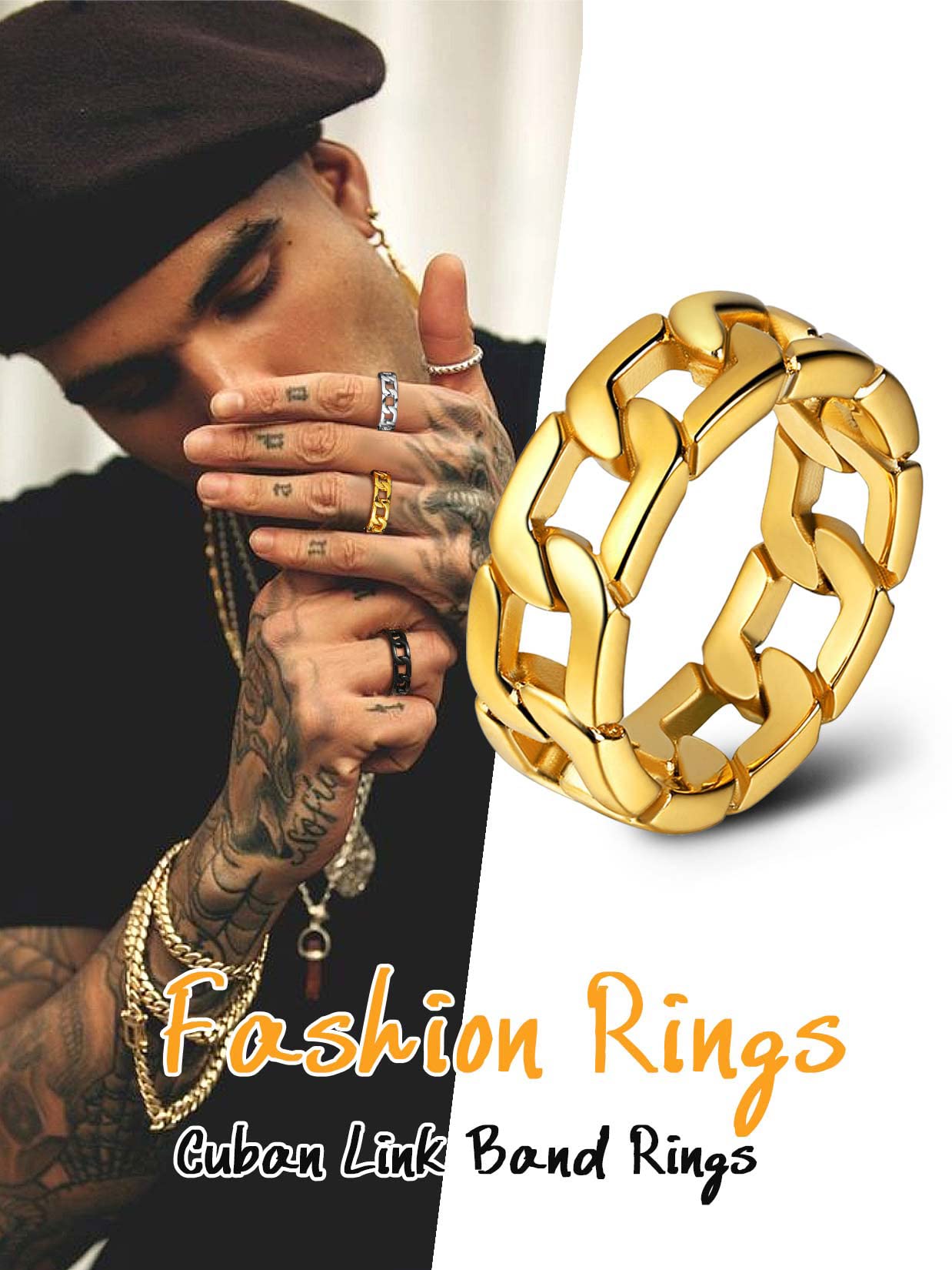 U7 Men Women 18K Gold Plated 7mm Wide Band Cuban Link Chain Ring, Size 7