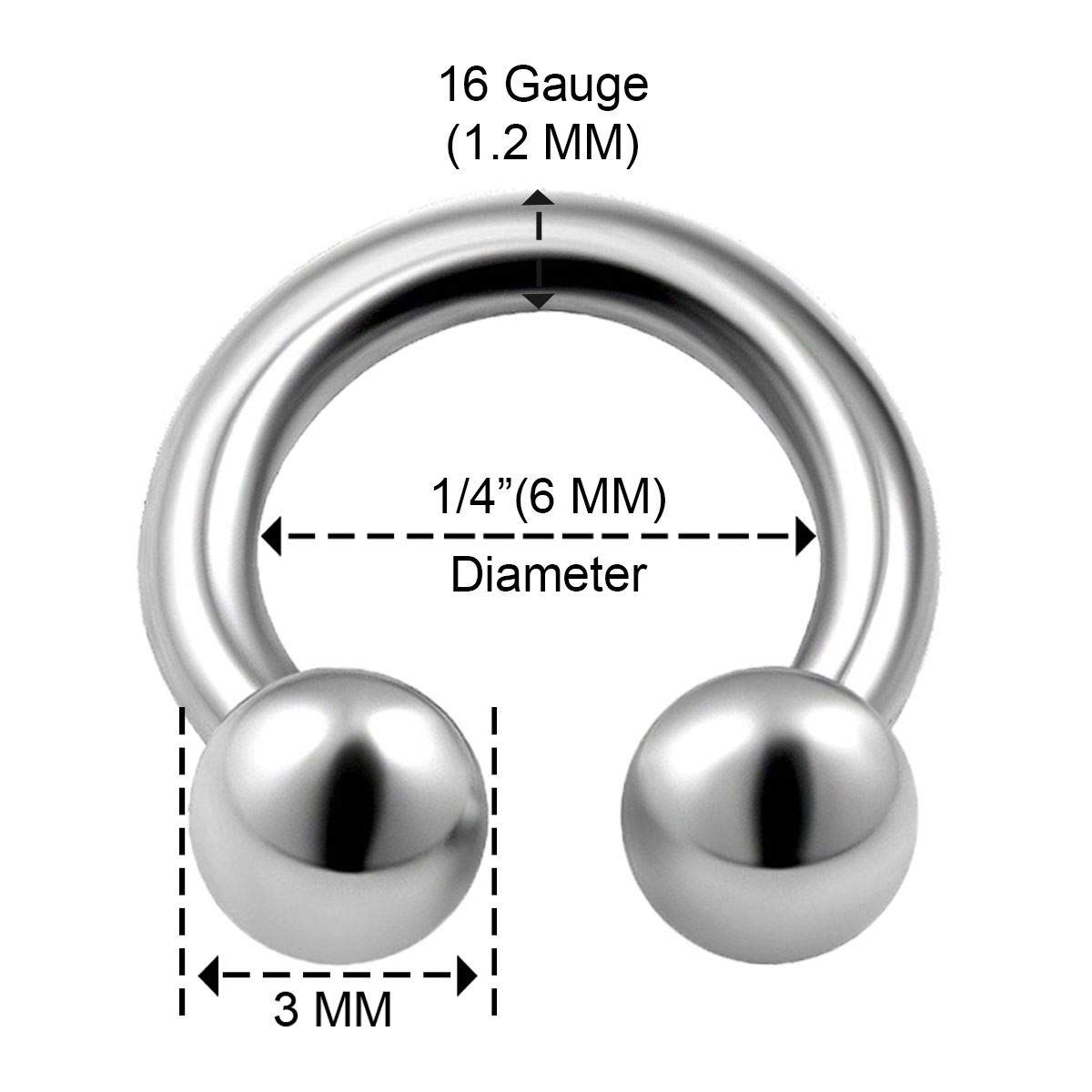 3PCS Surgical Steel Horseshoe Earrings 16g 1/4 6mm 3mm Ball Septum Helix Daith Nose Earrings Cartilage Piercing Jewelry 0113