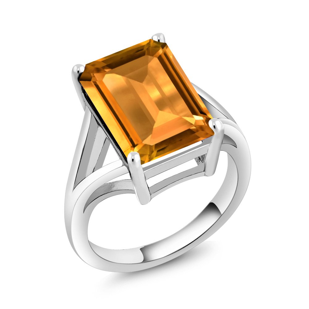 Gem Stone King 925 Sterling Silver Yellow Citrine Solitaire Engagement Ring For Women (8.20 Cttw, Emerald Cut 14X10MM, Gemstone Birthstone, Available 5,6,7,8,9) (Size 6)