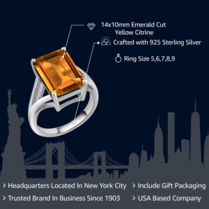 Gem Stone King 925 Sterling Silver Yellow Citrine Solitaire Engagement Ring For Women (8.20 Cttw, Emerald Cut 14X10MM, Gemstone Birthstone, Available 5,6,7,8,9) (Size 6)